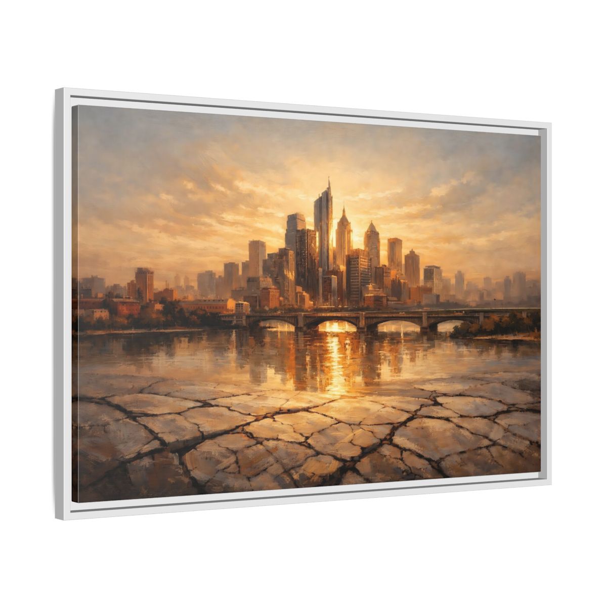 Side Mockup 8. Vintage Cityscape Golden Cityscape shown as stretched canvas wall art