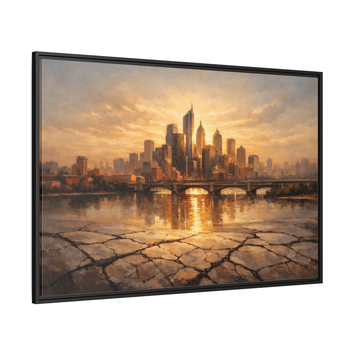 Side Mockup 12. Vintage Cityscape Golden Cityscape shown as stretched canvas wall art