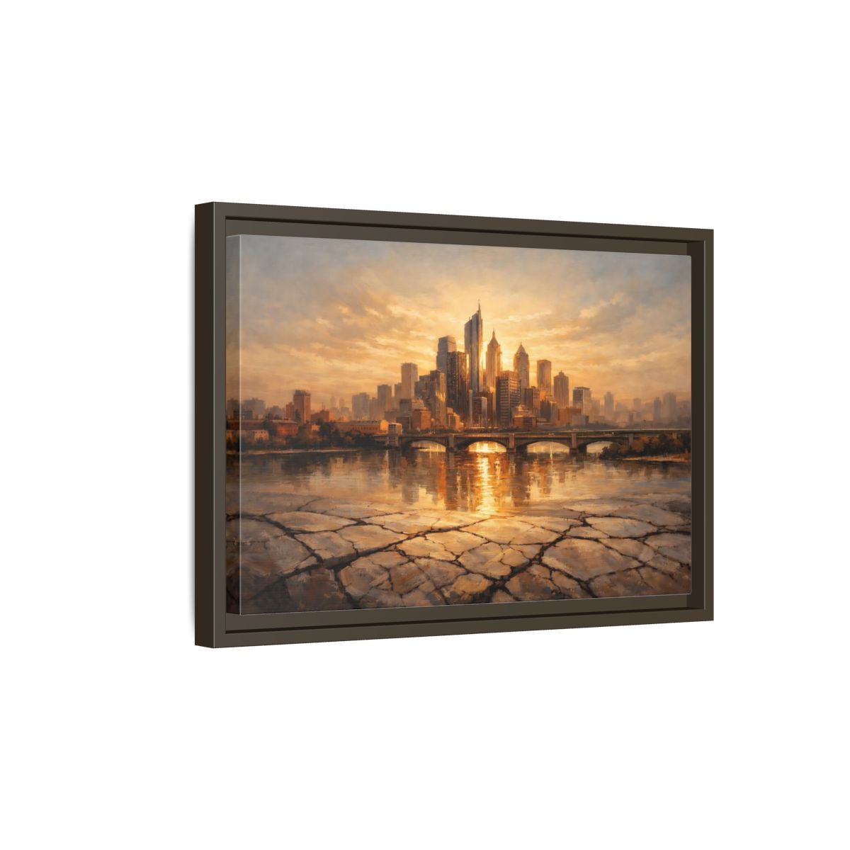 Side Mockup 5. Vintage Cityscape Golden Cityscape shown as stretched canvas wall art