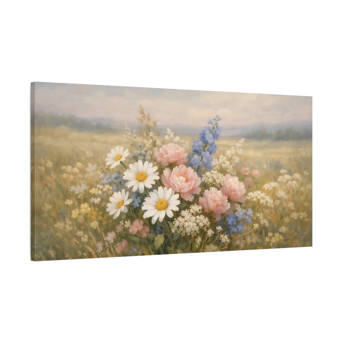 Side Mockup 1. Floral Wildflowers Pastel Wildflowers shown as stretched canvas wall art