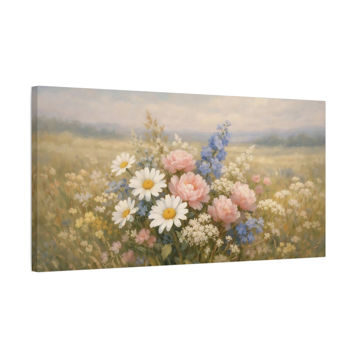 Side Mockup 2. Floral Wildflowers Pastel Wildflowers shown as stretched canvas wall art