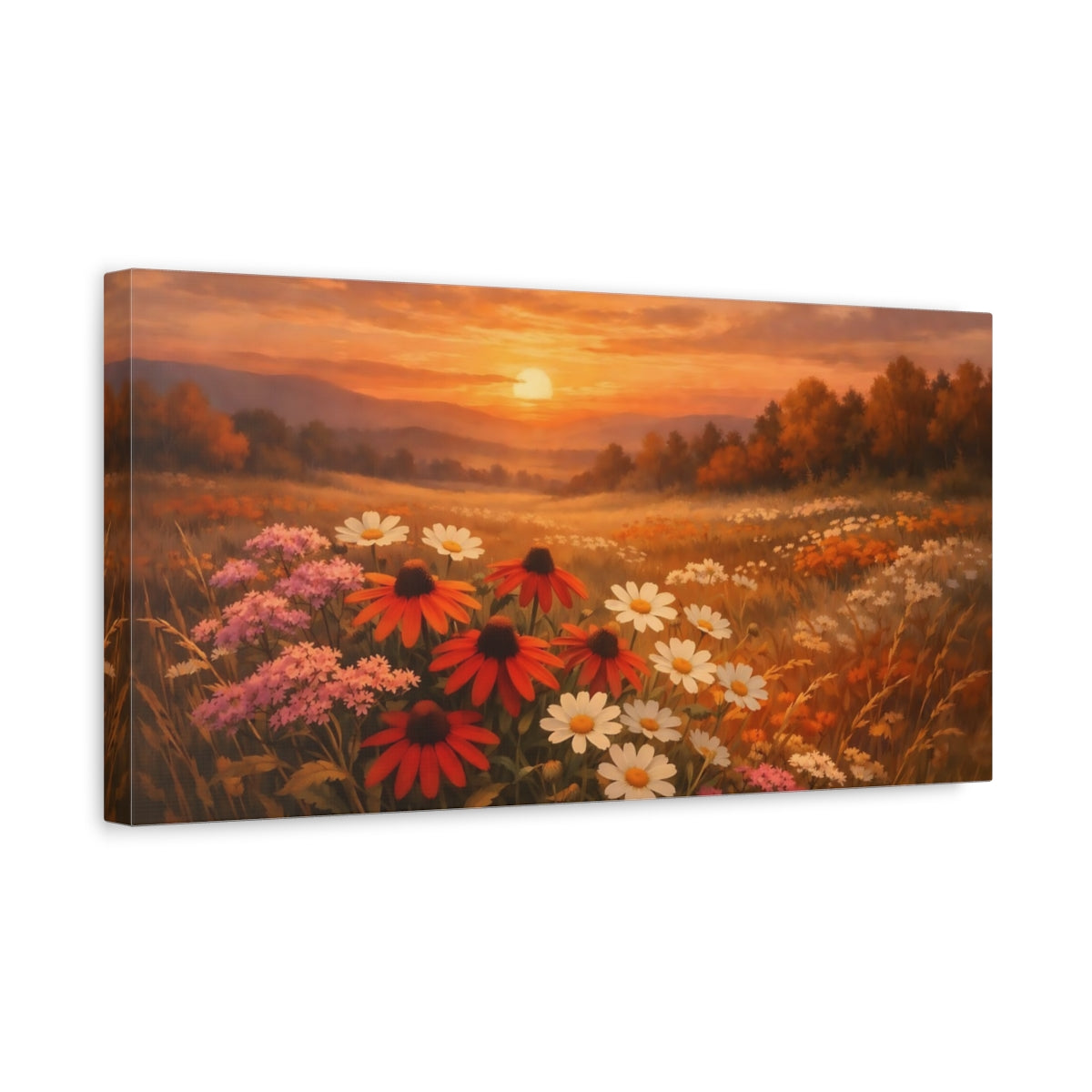 Side Mockup 3. Nature Wildflowers Sunset Flower Field shown as stretched canvas wall art