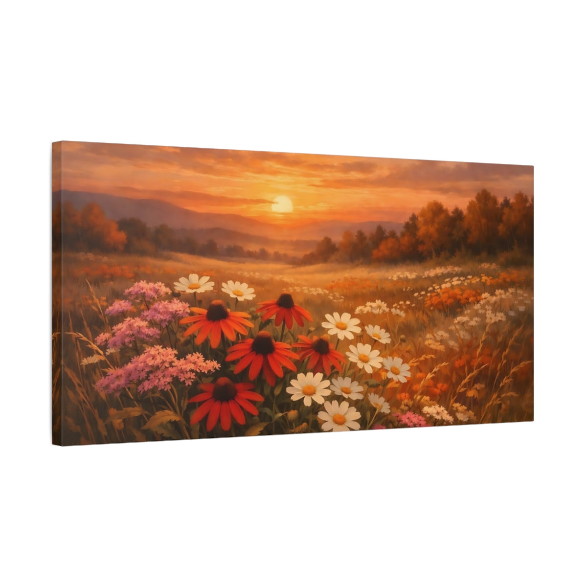 Side Mockup 2. Nature Wildflowers Sunset Flower Field shown as stretched canvas wall art