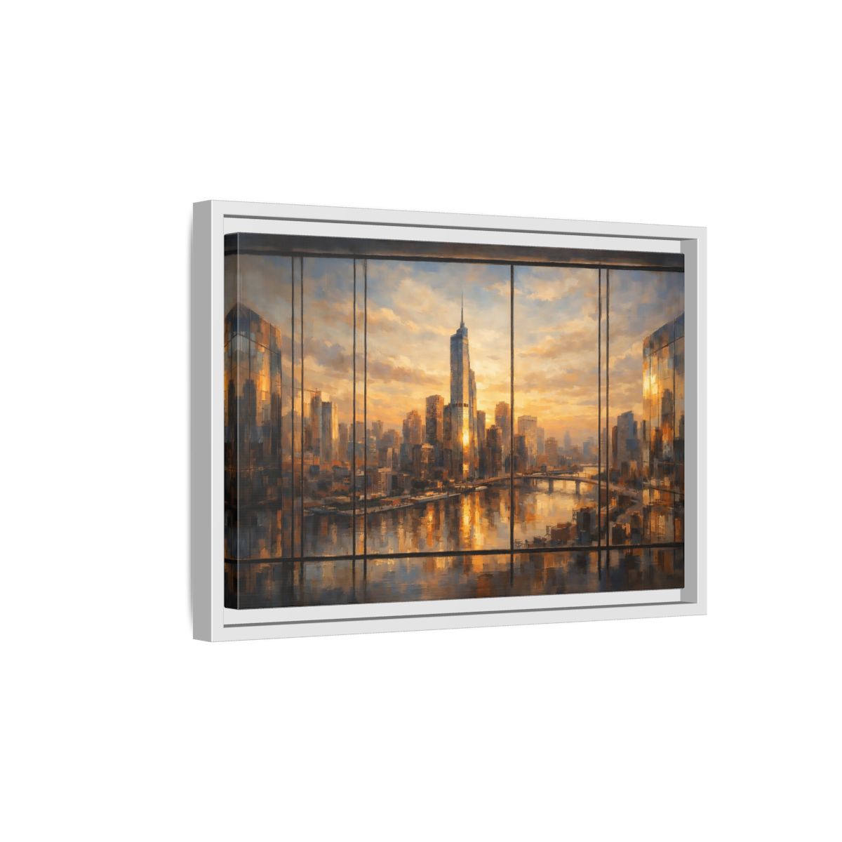 Side Mockup 4. Abstract Cityscape Orange Cityscape shown as stretched canvas wall art