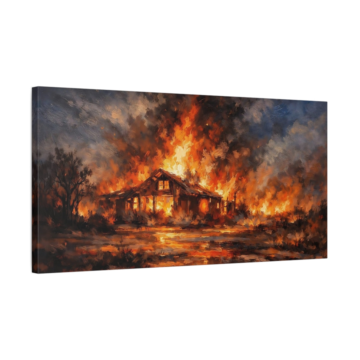 Side Mockup 2. Horror Burning House Orange And Blue Fire shown as stretched canvas wall art