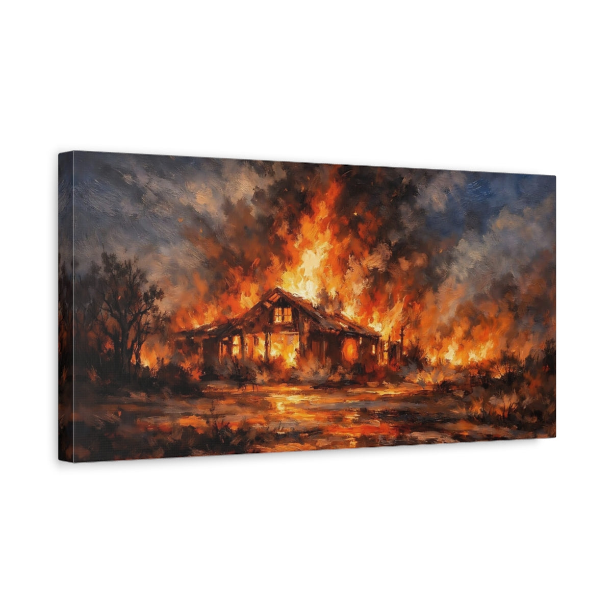 Side Mockup 3. Horror Burning House Orange And Blue Fire shown as stretched canvas wall art