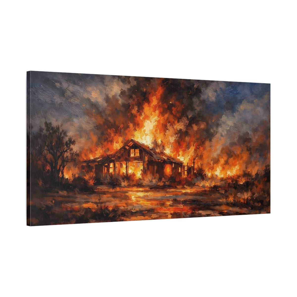 Side Mockup 1. Horror Burning House Orange And Blue Fire shown as stretched canvas wall art