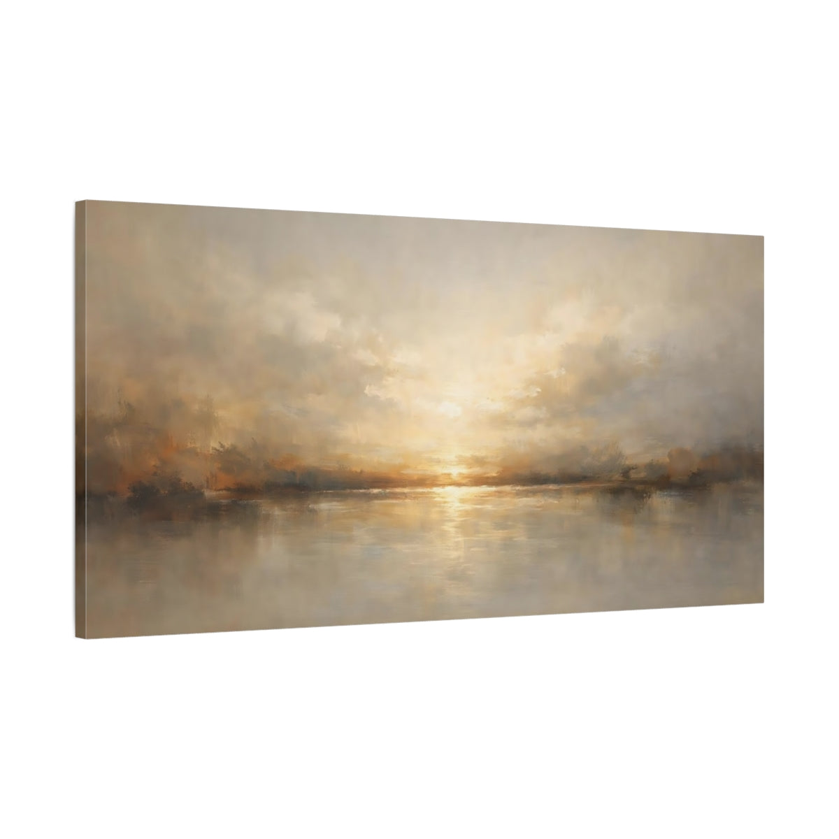 Side Mockup 1. Nature Lake Sunset Golden Sunset Landscape shown as stretched canvas wall art