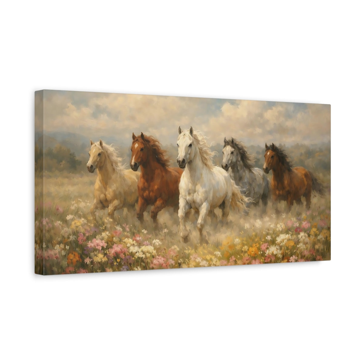 Side Mockup 3. Animals Wild Horses Wild Horses Field shown as stretched canvas wall art