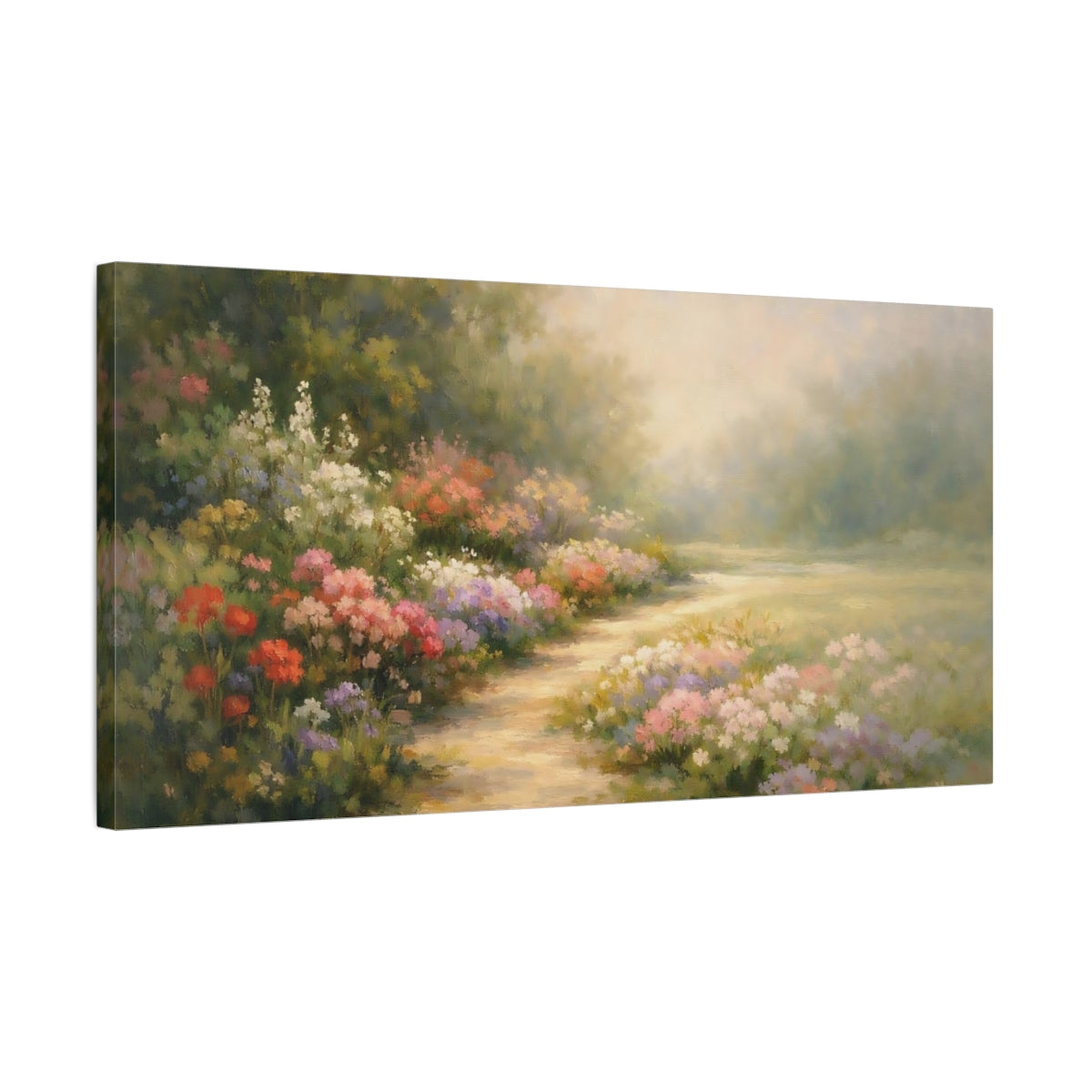Side Mockup 2. Nature Flower Garden Colorful Garden Path shown as stretched canvas wall art