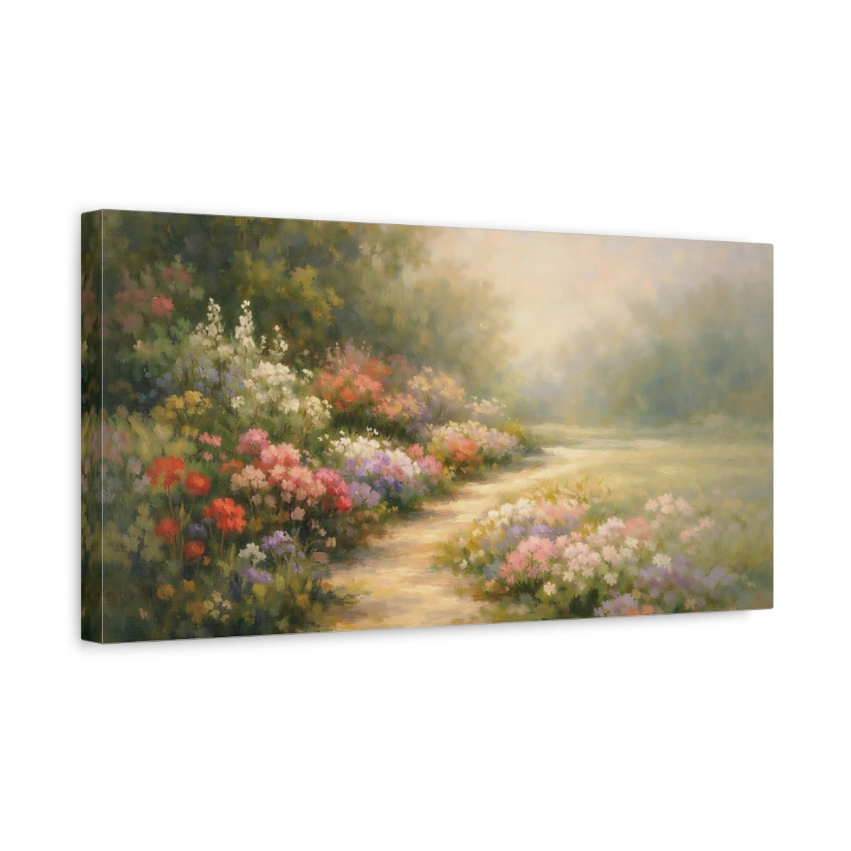 Side Mockup 3. Nature Flower Garden Colorful Garden Path shown as stretched canvas wall art
