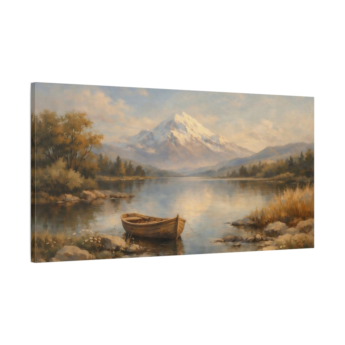 Side Mockup 1. Nature Snowy Mountain Mountain Lake Landscape shown as stretched canvas wall art