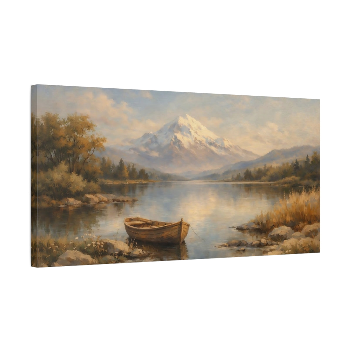 Side Mockup 2. Nature Snowy Mountain Mountain Lake Landscape shown as stretched canvas wall art