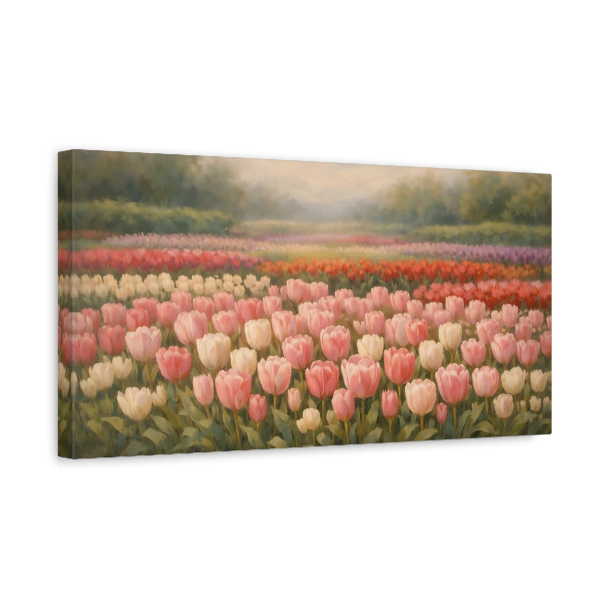 Side Mockup 3. Floral Tulip Field Pink Tulip Field shown as stretched canvas wall art