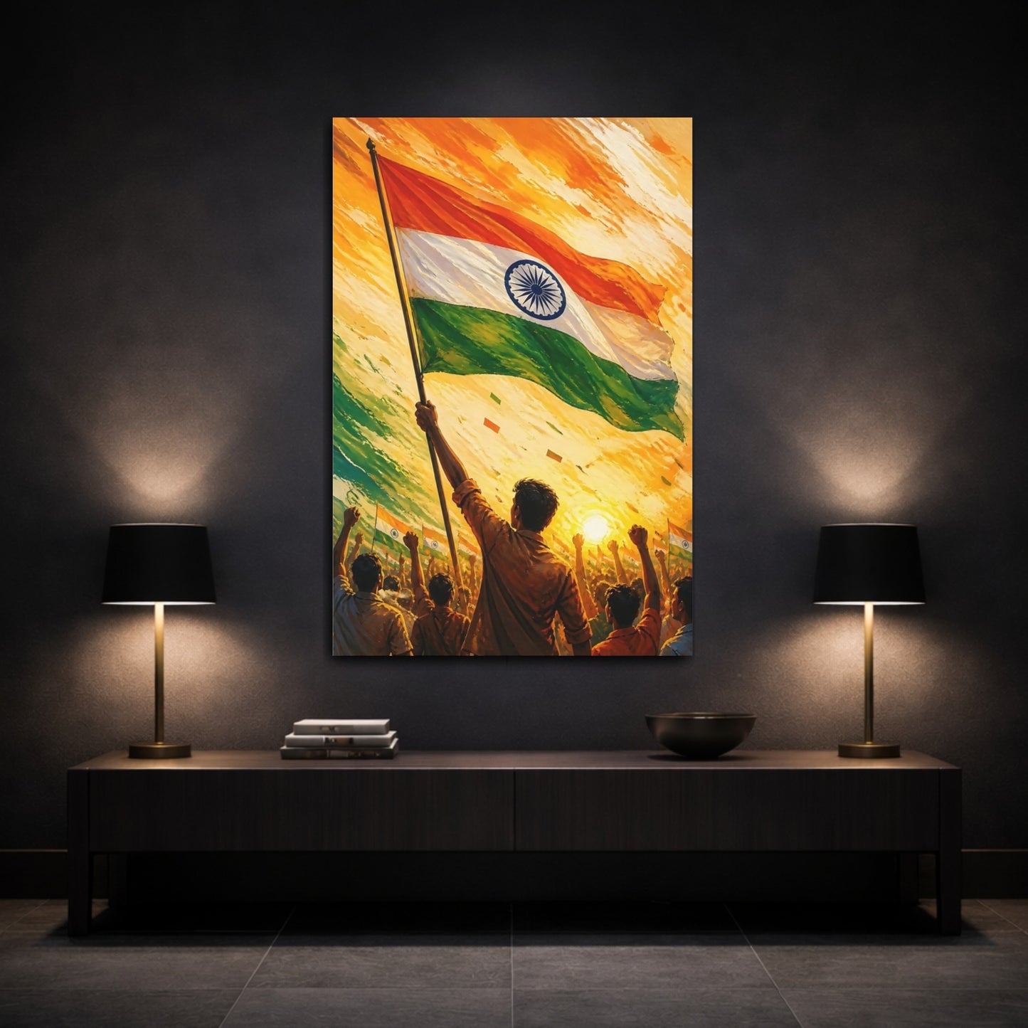 Mockup 3. Indian Flag Rising shown as canvas print