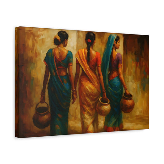 Indian Woman Canvas Print - Colorful Sarees and Pots Rural Life Wall Art - YesArtYes
