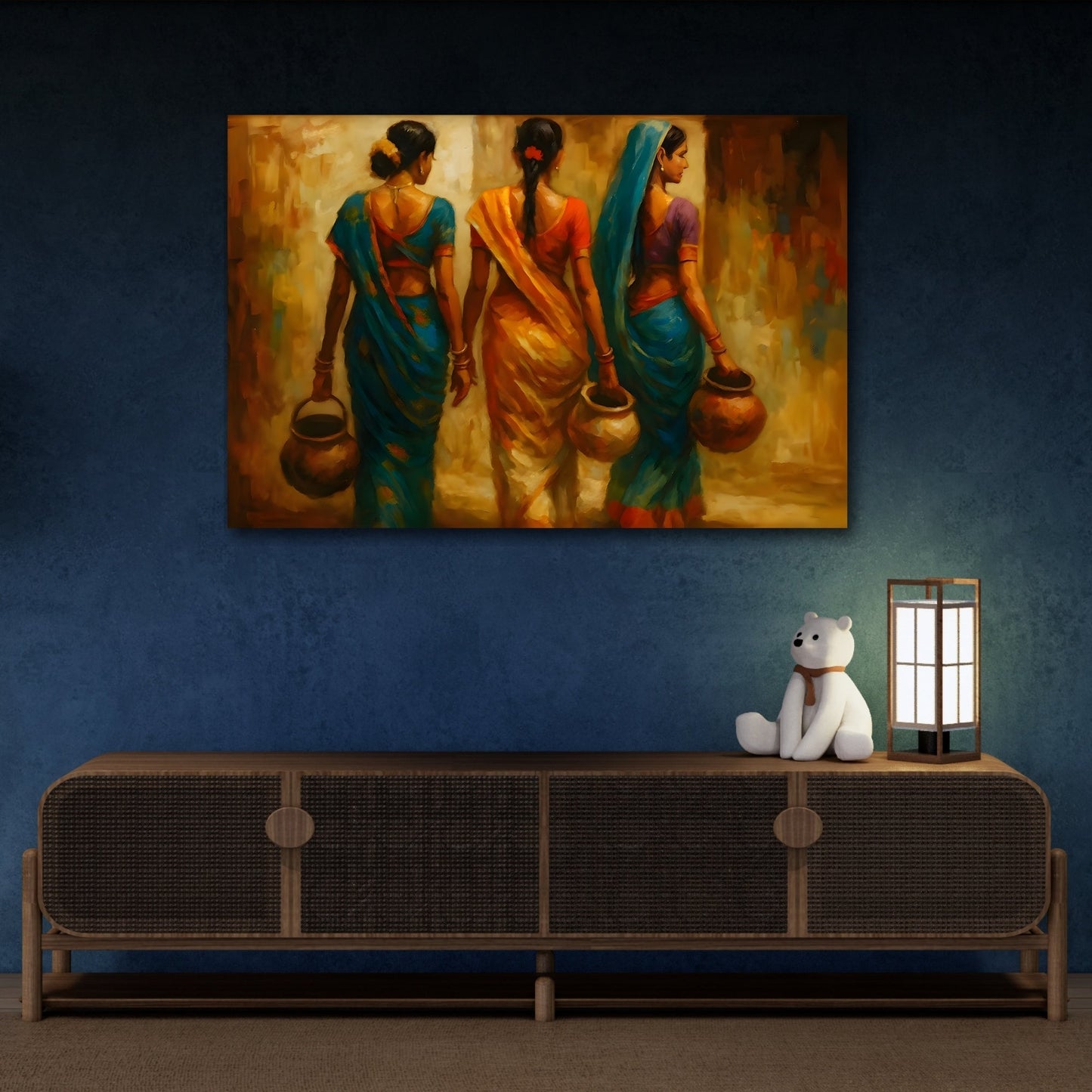 Indian Woman Canvas Print - Colorful Sarees and Pots Rural Life Wall Art - YesArtYes