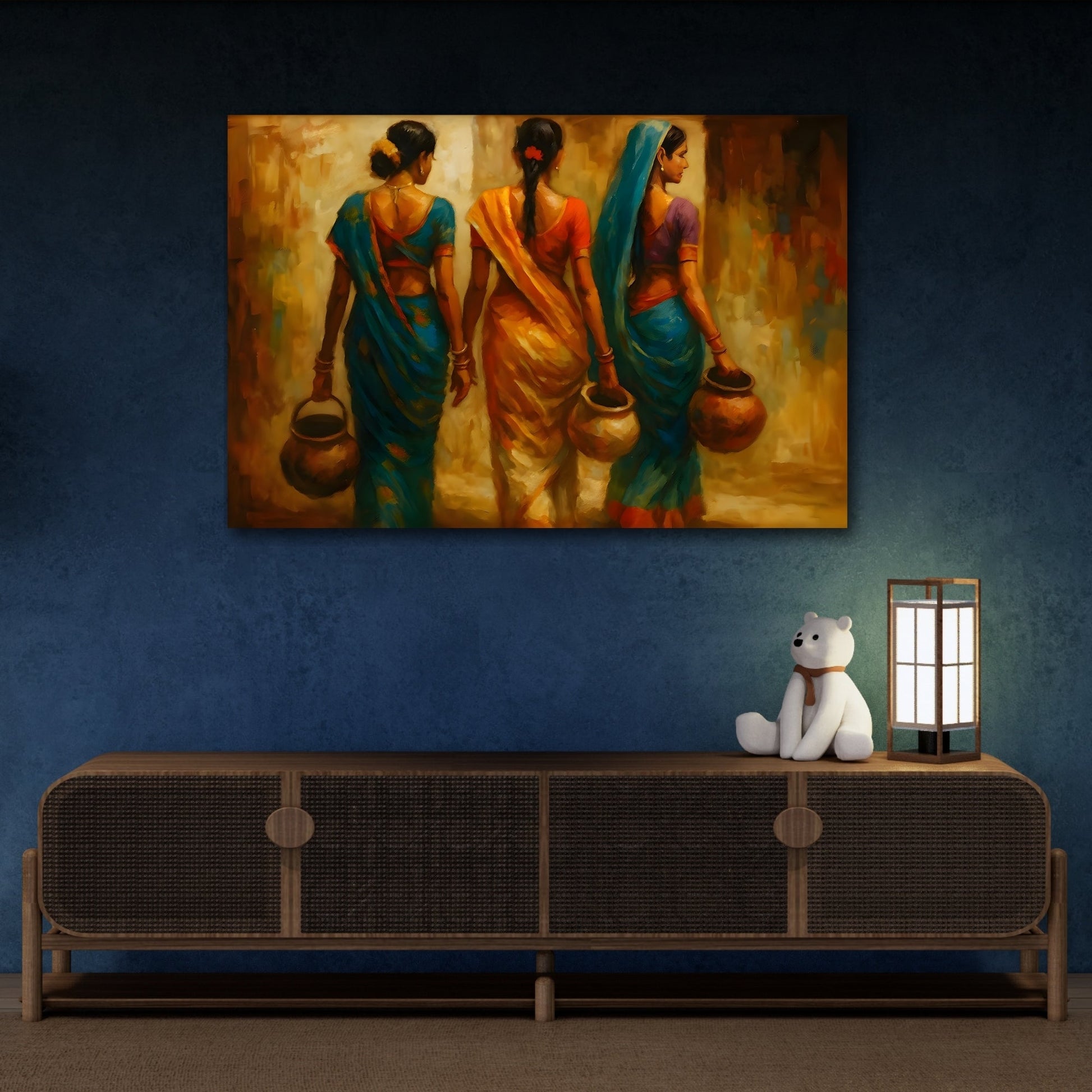 Indian Woman Canvas Print - Colorful Sarees and Pots Rural Life Wall Art - YesArtYes