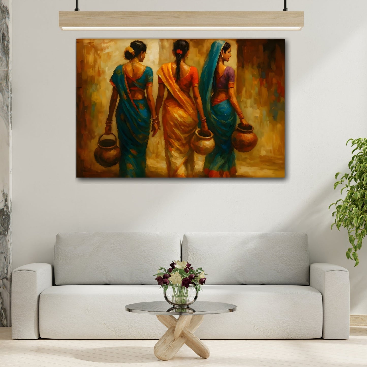 Indian Woman Canvas Print - Colorful Sarees and Pots Rural Life Wall Art - YesArtYes