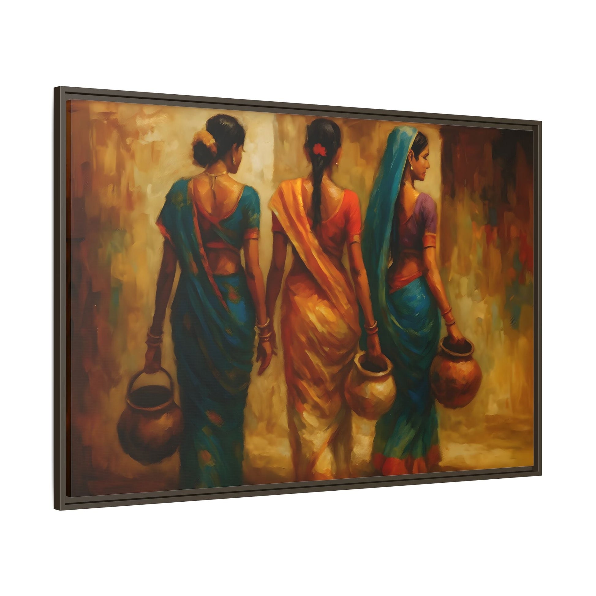 Indian Women Carrying Pots Ethnic Canvas Wall Decor - Colorful Sarees Painting Print - YesArtYes