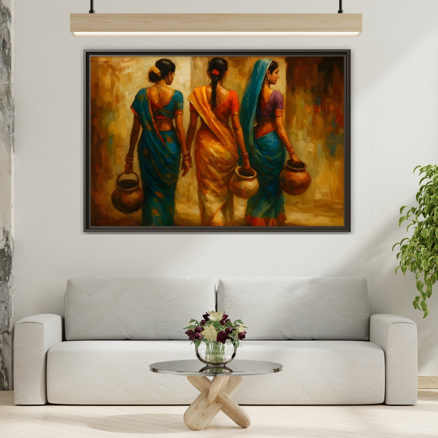 Indian Women Carrying Pots Ethnic Canvas Wall Decor - Colorful Sarees Painting Print - YesArtYes