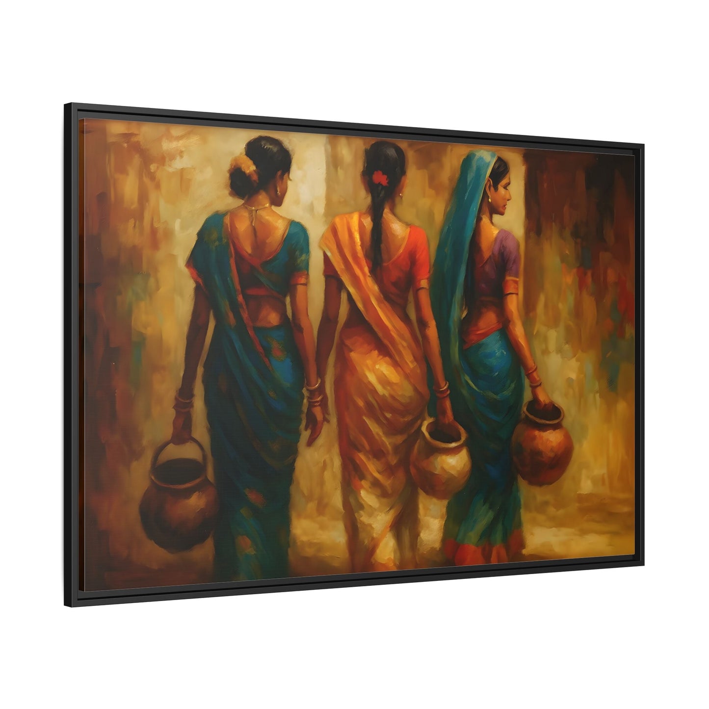 Indian Women Carrying Pots Ethnic Canvas Wall Decor - Colorful Sarees Painting Print - YesArtYes