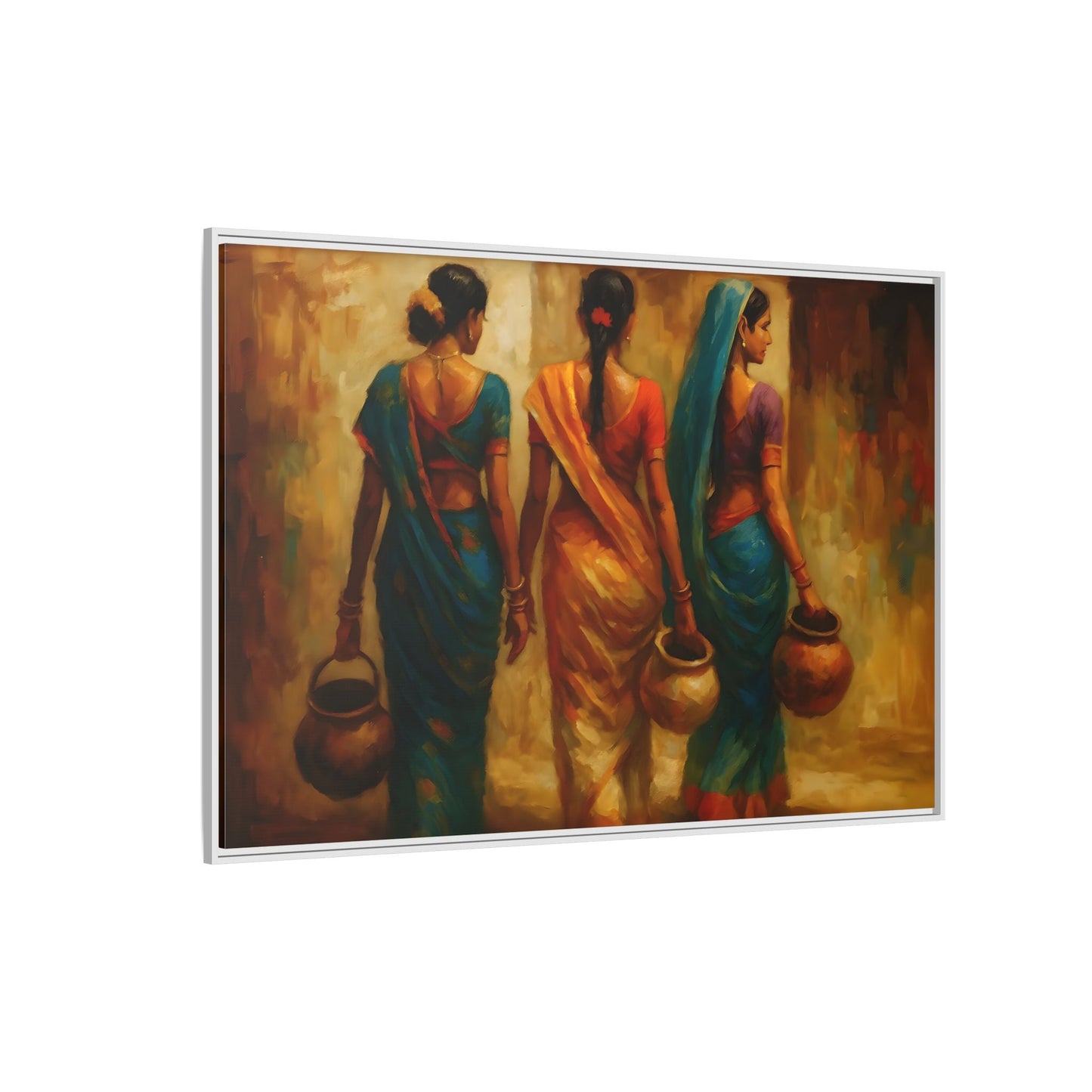 Indian Women Carrying Pots Ethnic Canvas Wall Decor - Colorful Sarees Painting Print - YesArtYes