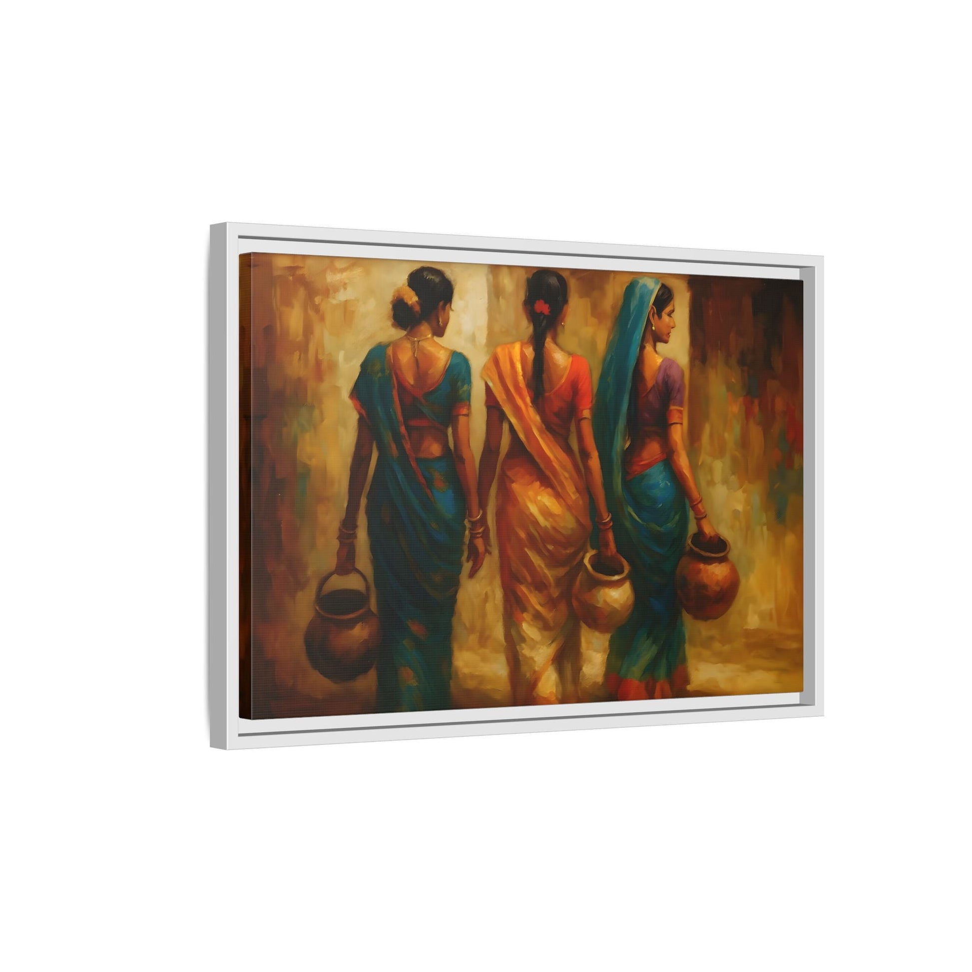 Indian Women Carrying Pots Ethnic Canvas Wall Decor - Colorful Sarees Painting Print - YesArtYes