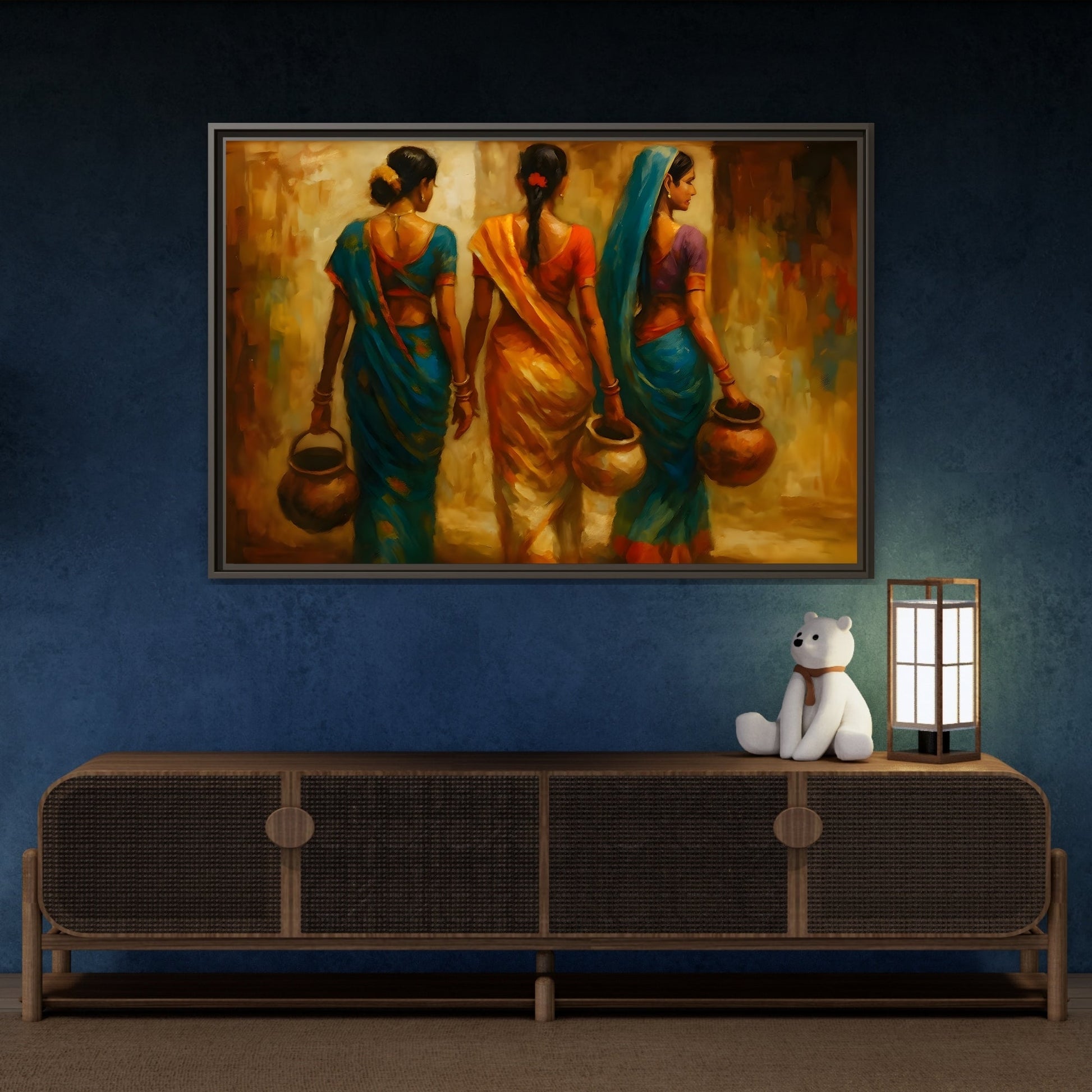 Indian Women Carrying Pots Ethnic Canvas Wall Decor - Colorful Sarees Painting Print - YesArtYes