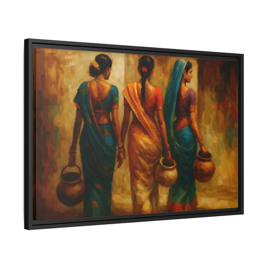 Indian Women Carrying Pots Ethnic Canvas Wall Decor - Colorful Sarees Painting Print - YesArtYes