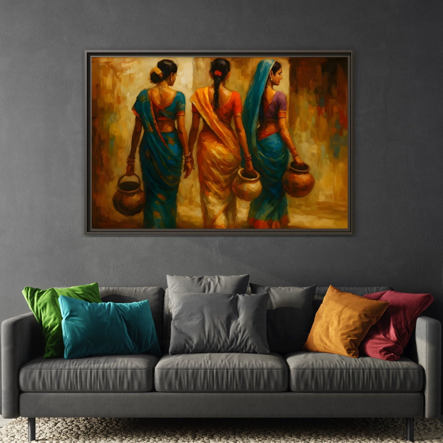 Indian Women Carrying Pots Ethnic Canvas Wall Decor - Colorful Sarees Painting Print - YesArtYes