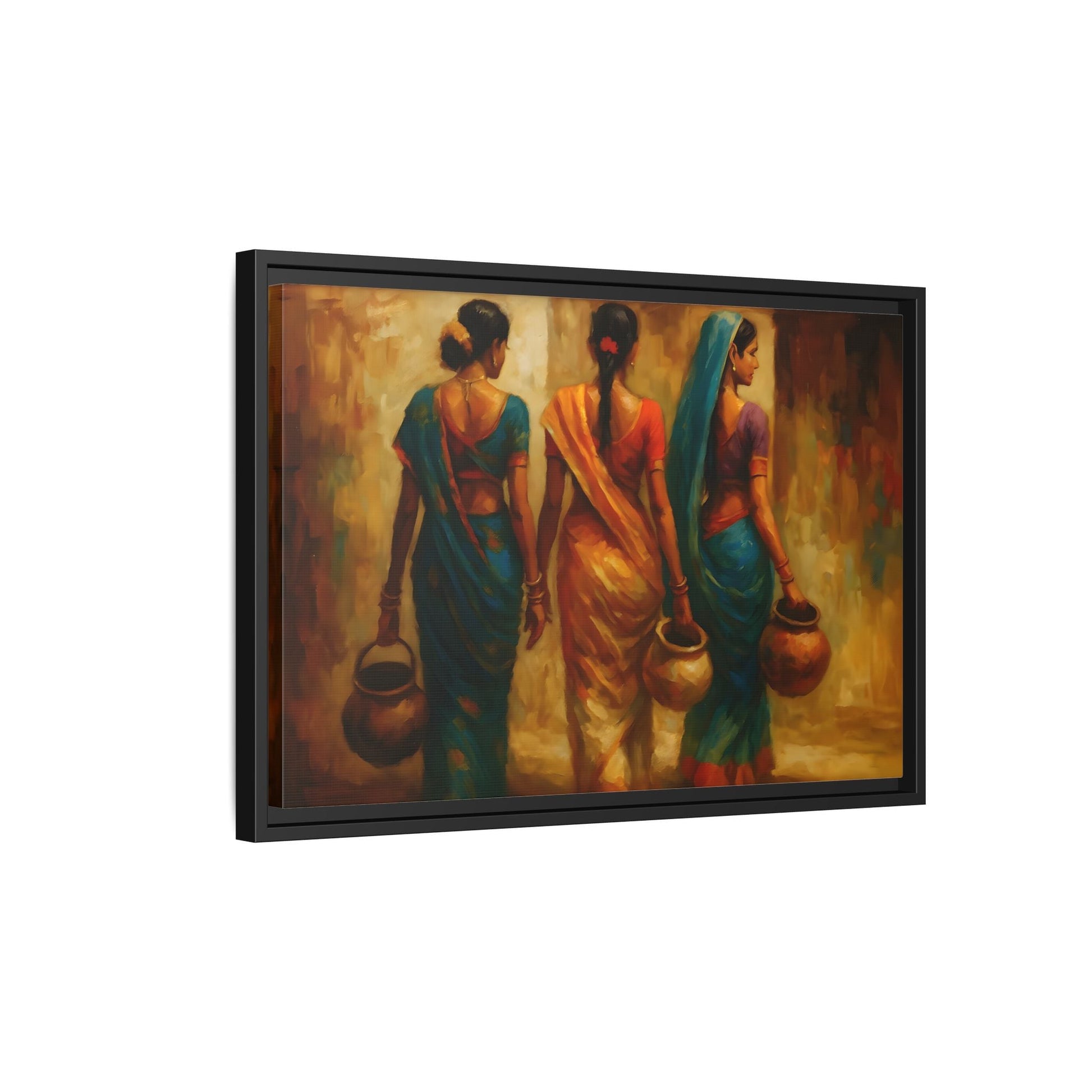 Indian Women Carrying Pots Ethnic Canvas Wall Decor - Colorful Sarees Painting Print - YesArtYes