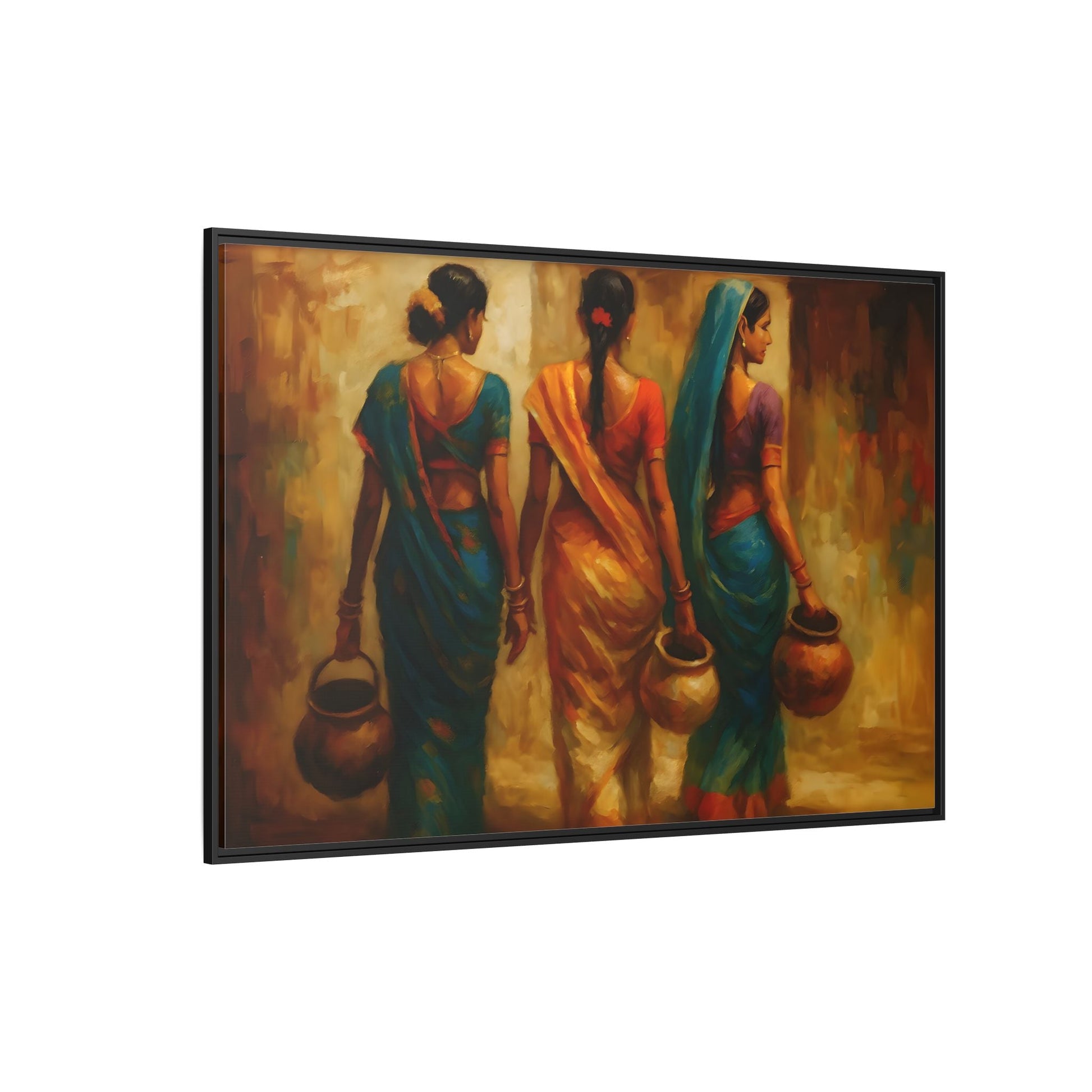 Indian Women Carrying Pots Ethnic Canvas Wall Decor - Colorful Sarees Painting Print - YesArtYes