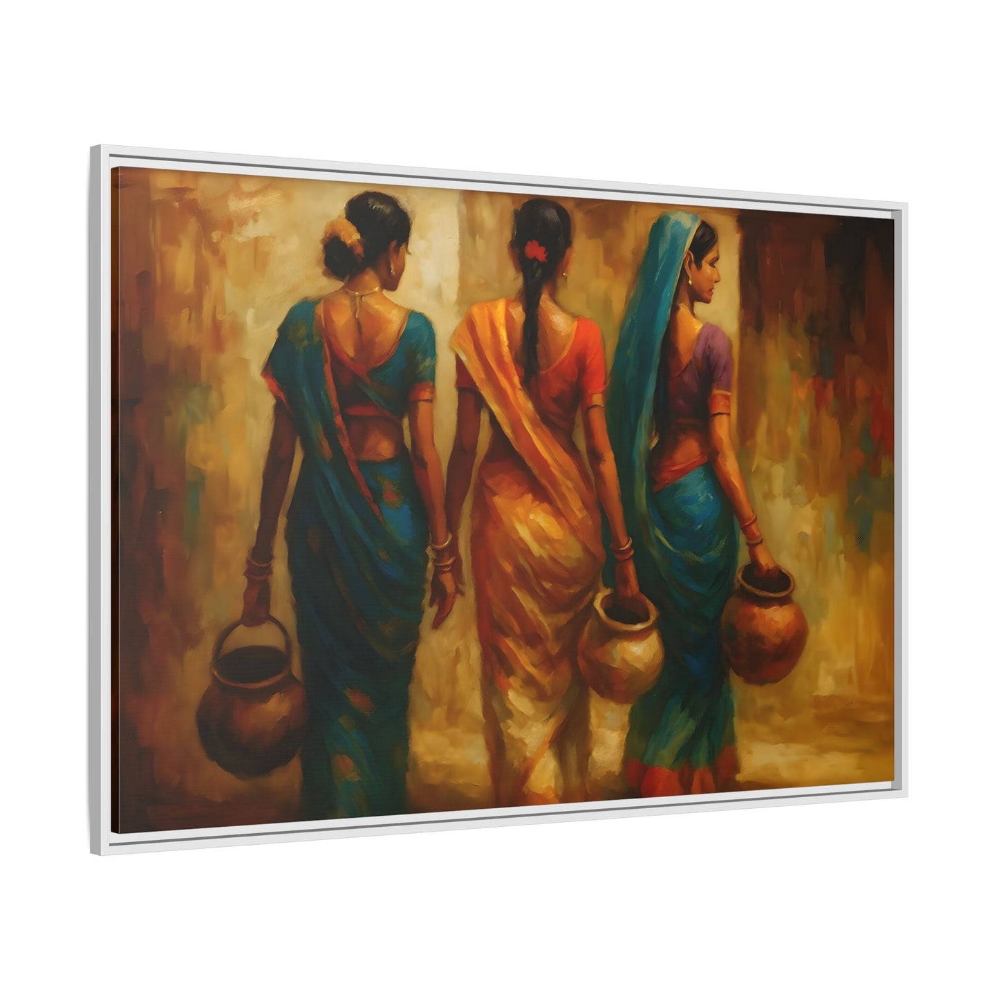 Indian Women Carrying Pots Ethnic Canvas Wall Decor - Colorful Sarees Painting Print - YesArtYes