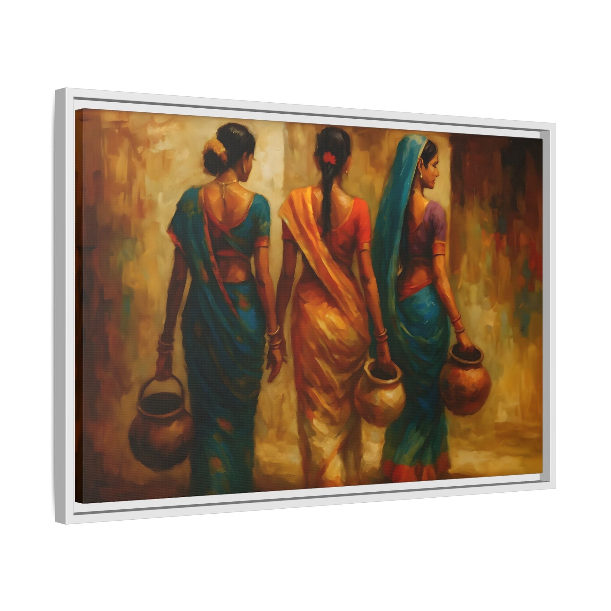 Indian Women Carrying Pots Ethnic Canvas Wall Decor - Colorful Sarees Painting Print - YesArtYes