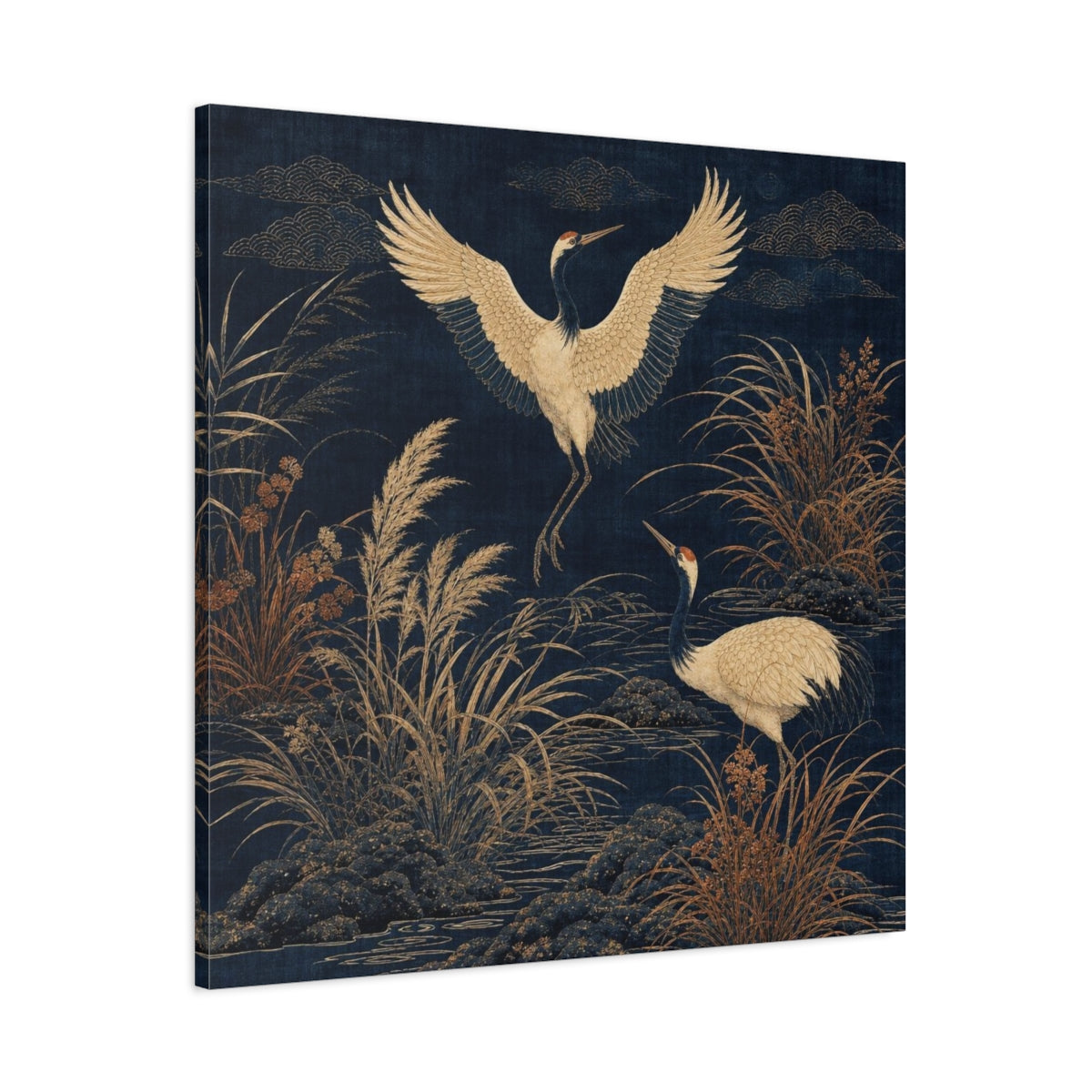 Main Mockup. Indigo Crane Garden shown as canvas print