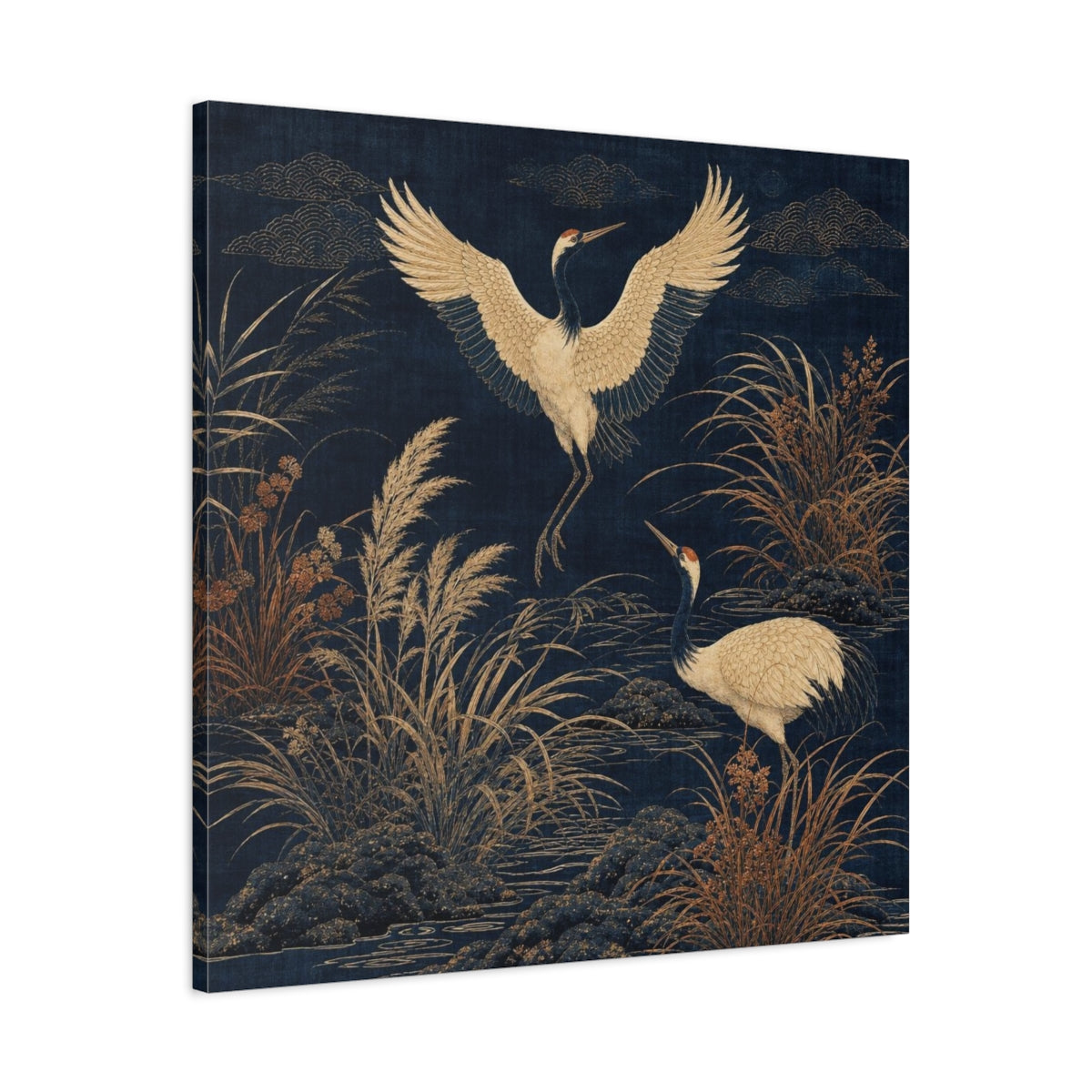 Side Mockup 3. Indigo Crane Garden shown as canvas print