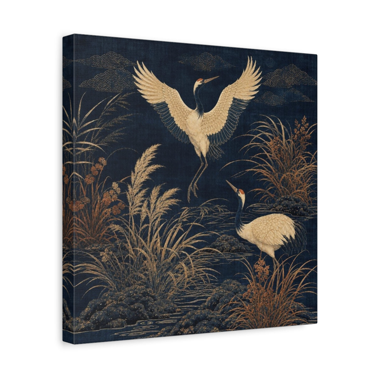 Side Mockup 7. Indigo Crane Garden shown as canvas print