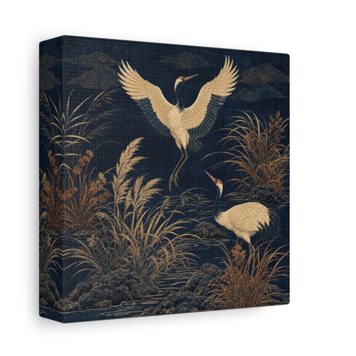 Side Mockup 2. Indigo Crane Garden shown as canvas print