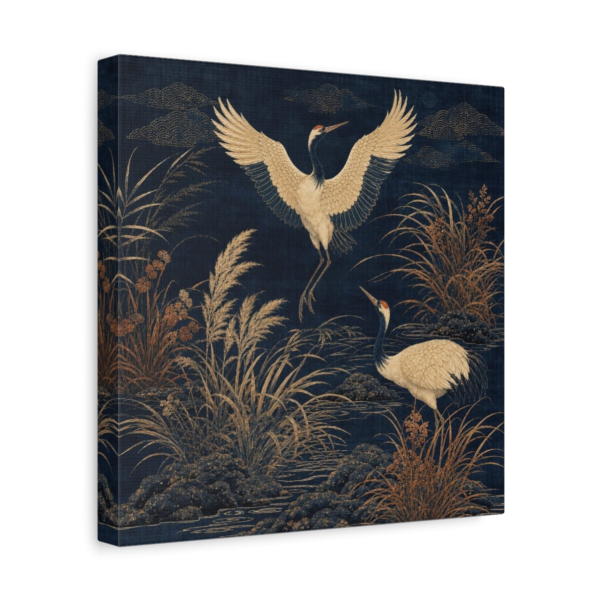 Side Mockup 8. Indigo Crane Garden shown as canvas print