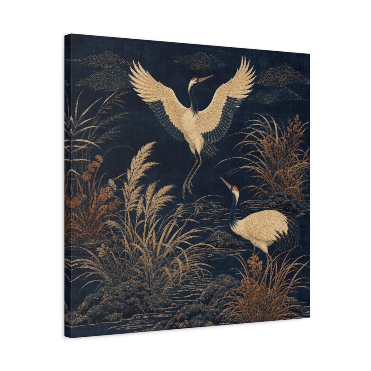 Side Mockup 4. Indigo Crane Garden shown as canvas print