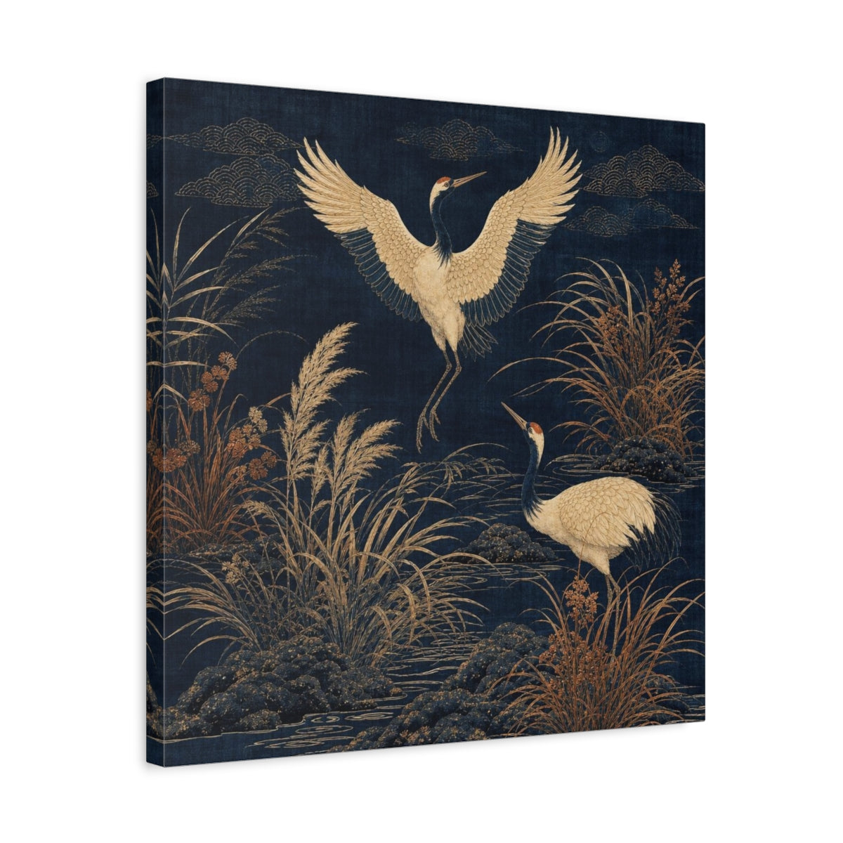 Side Mockup 5. Indigo Crane Garden shown as canvas print
