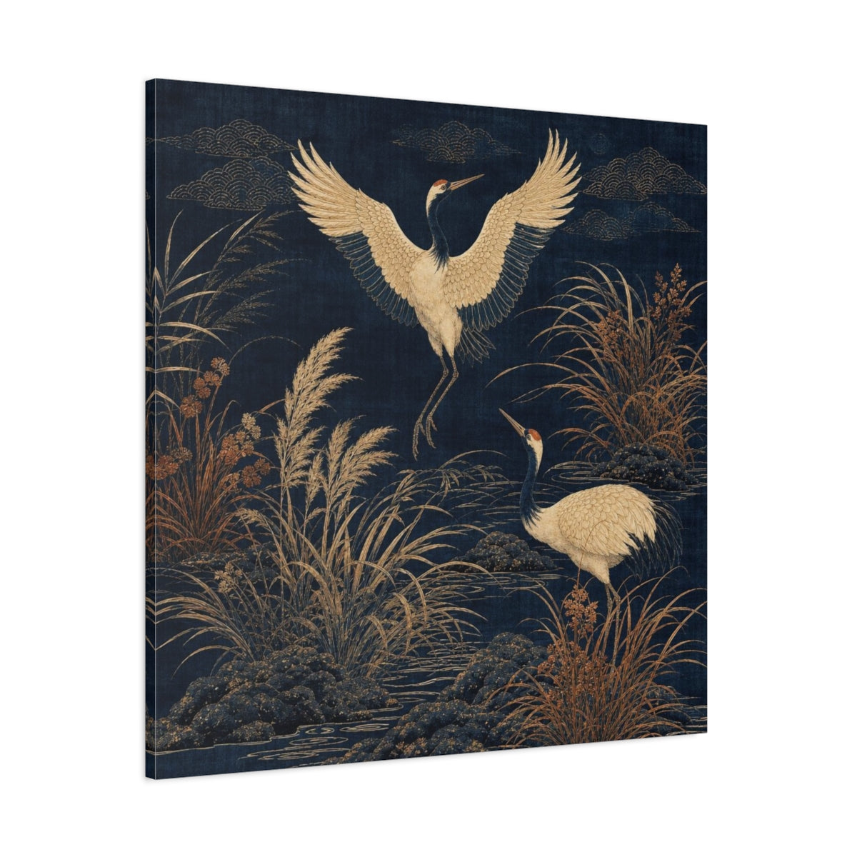 Side Mockup 1. Indigo Crane Garden shown as canvas print