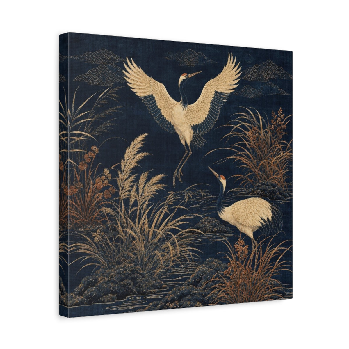 Side Mockup 6. Indigo Crane Garden shown as canvas print