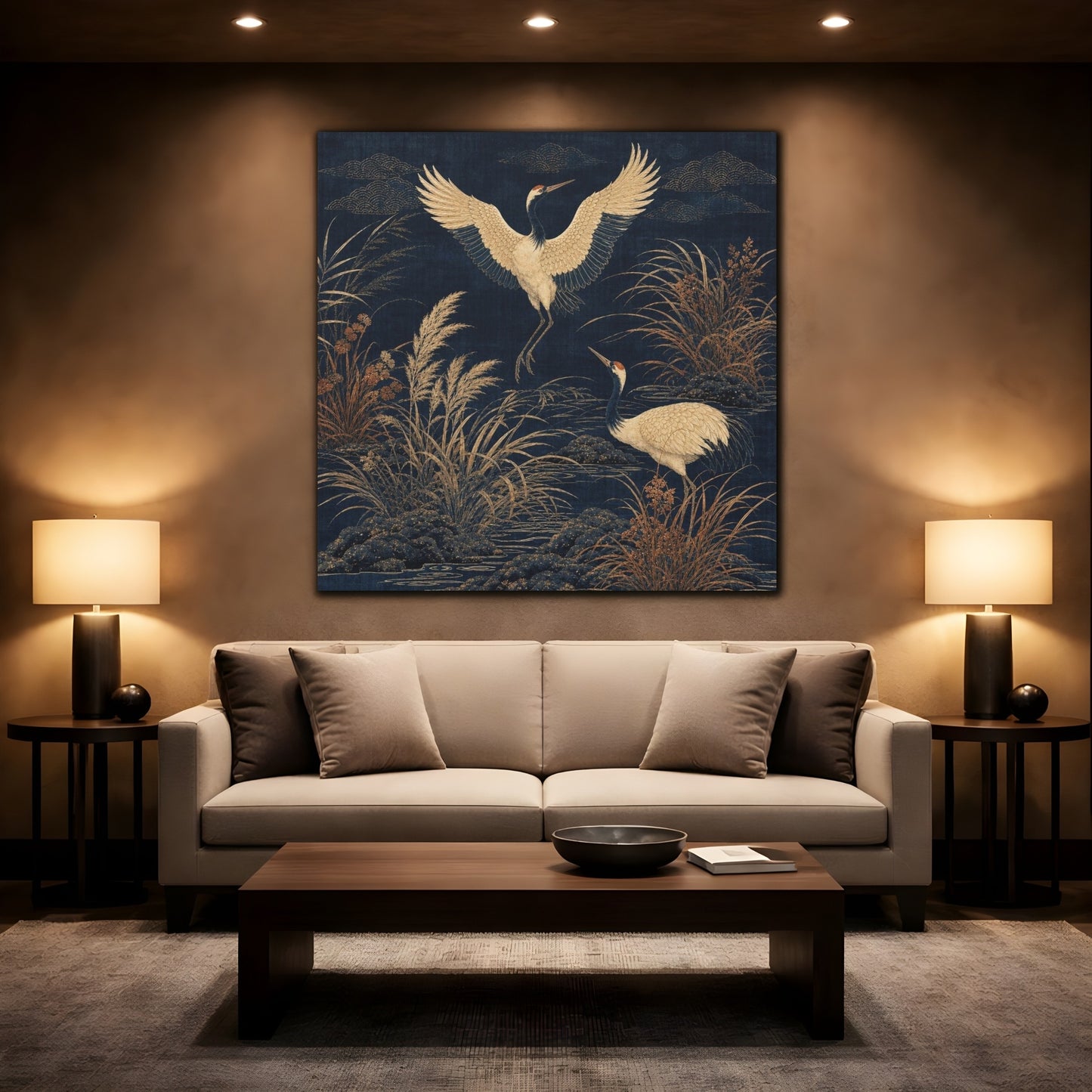 Mockup 2. Indigo Crane Garden shown as canvas print