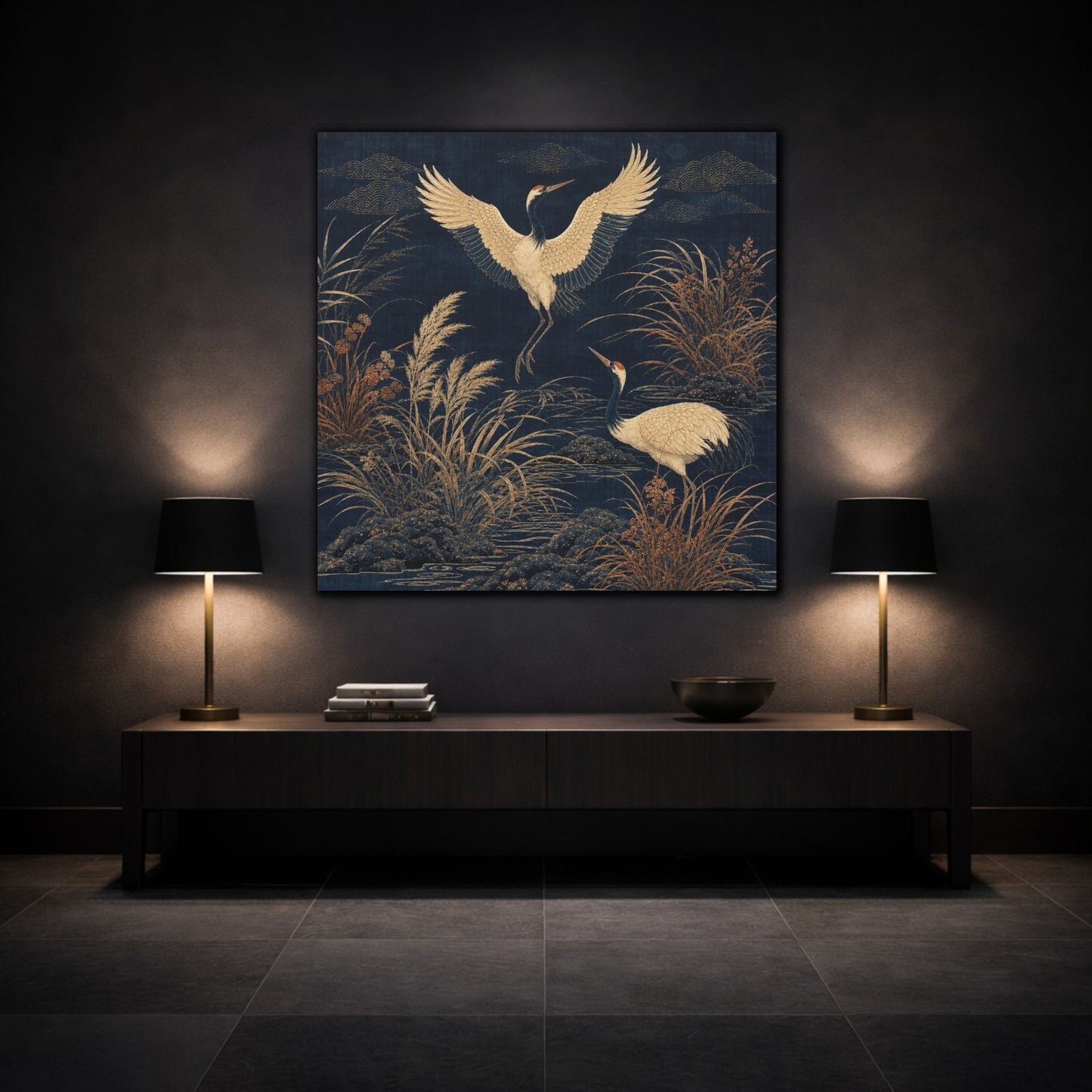 Mockup 3. Indigo Crane Garden shown as canvas print