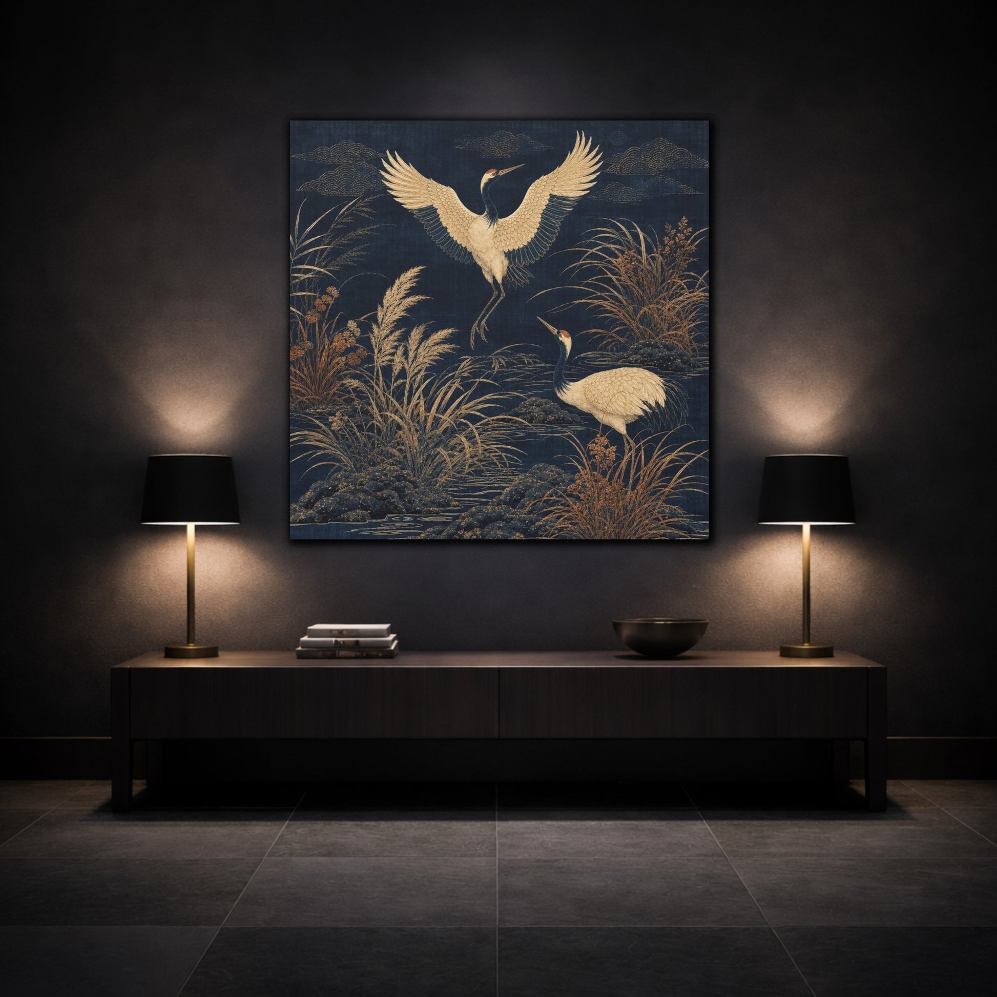 Mockup 3. Indigo Crane Garden shown as canvas print