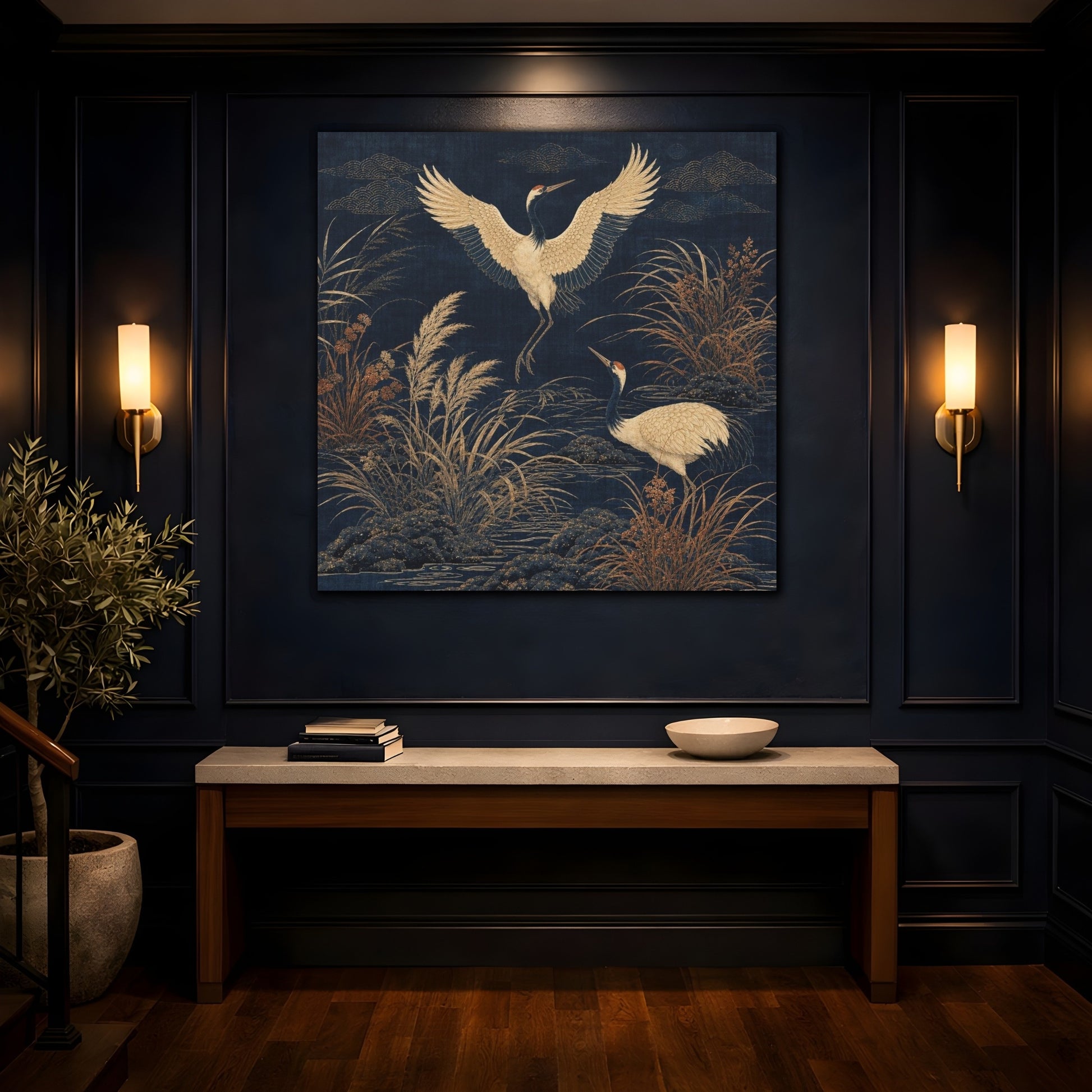 Mockup 4. Indigo Crane Garden shown as canvas print