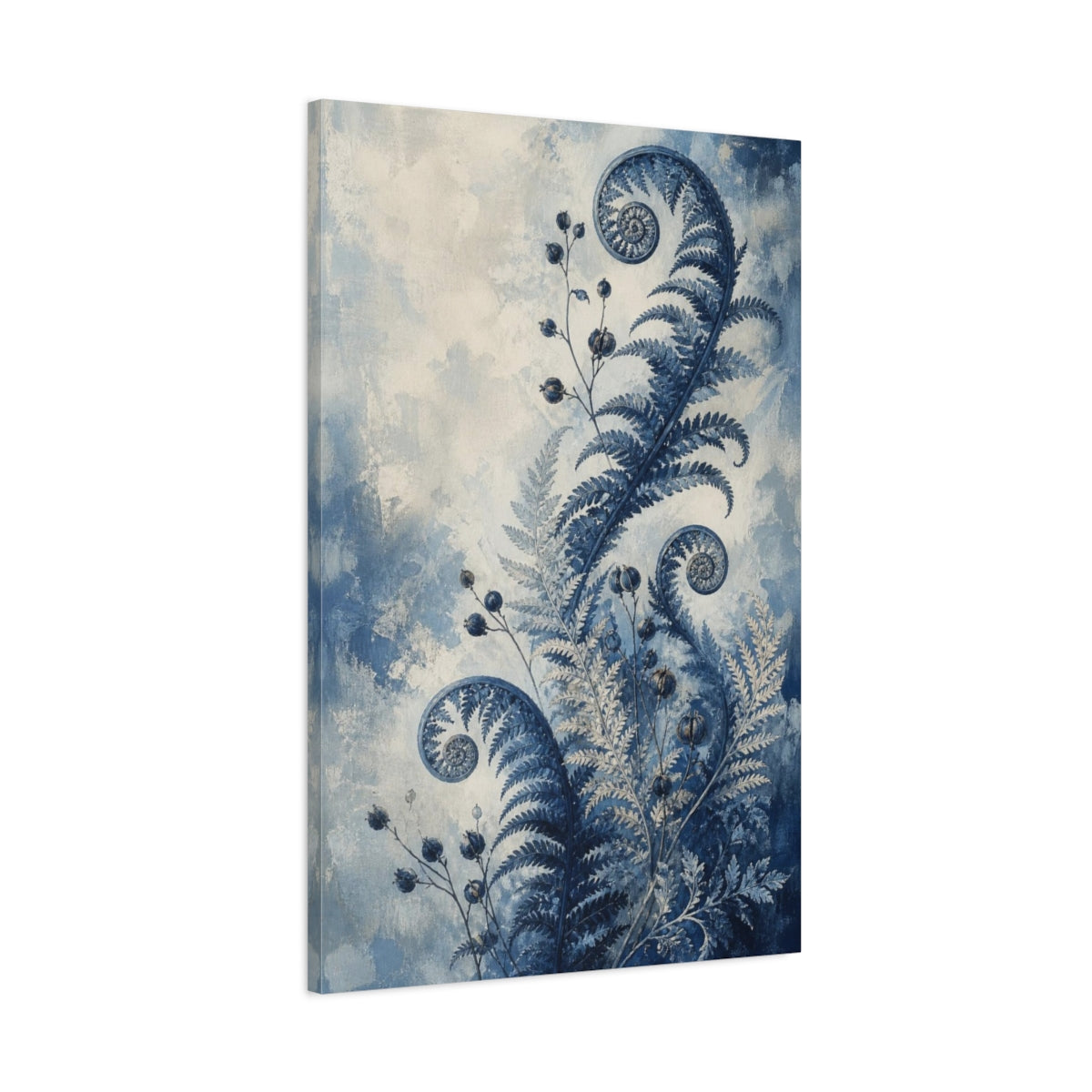 Main Mockup. Indigo Fern Fiddleheads shown as canvas print
