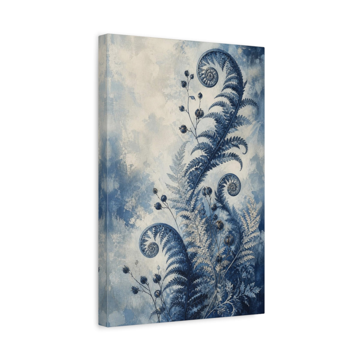 Side Mockup 4. Indigo Fern Fiddleheads shown as canvas print